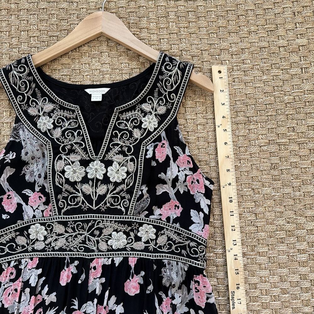 Monsoon Black Chiffon Silver Thread Peacock Floral Maxi Dress Boho Size 12 - Picture 10 of 13